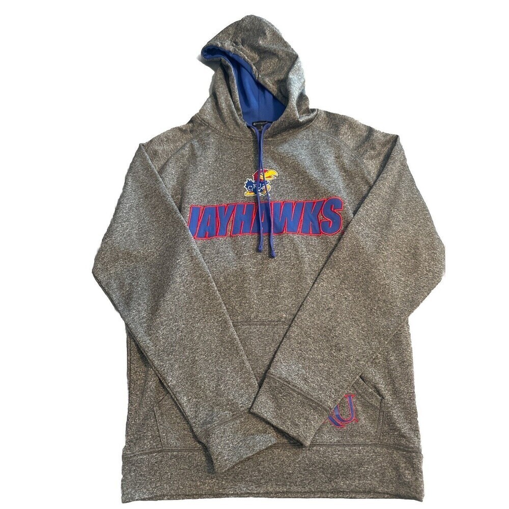 Champion Elite UNIVERSITY Of KANSAS Jayhawks Gray Polyester‎ Hoodie Sz Small